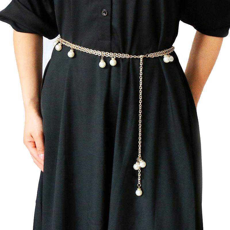 Women's Simple Fashion Waist Chain with Double White Pearl Beads Pendant Elegant Alloy Belt Chains